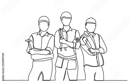 Single line drawing of a group of construction workers. men and women of different professions.continuous line group of workers team Labor with engineer team confident portrait. Workers and Labor Day.
