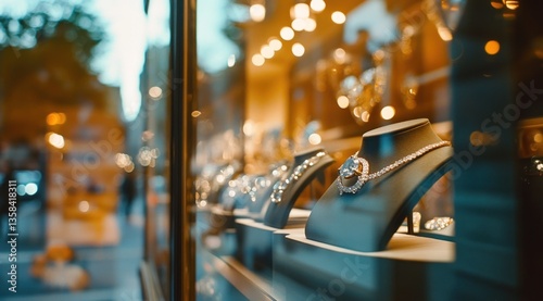 Elegant necklaces and bracelets displayed in a jewelry store window.