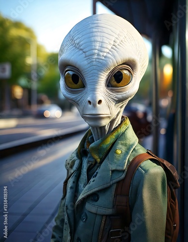 Adorable Friendly Alien with Yellow Cat Eyes Waiting at Bus Stop