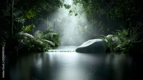 A serene jungle scene with a river waterfall and sunlight filtering through the trees. It is suitable for relaxing scenes or meditation.