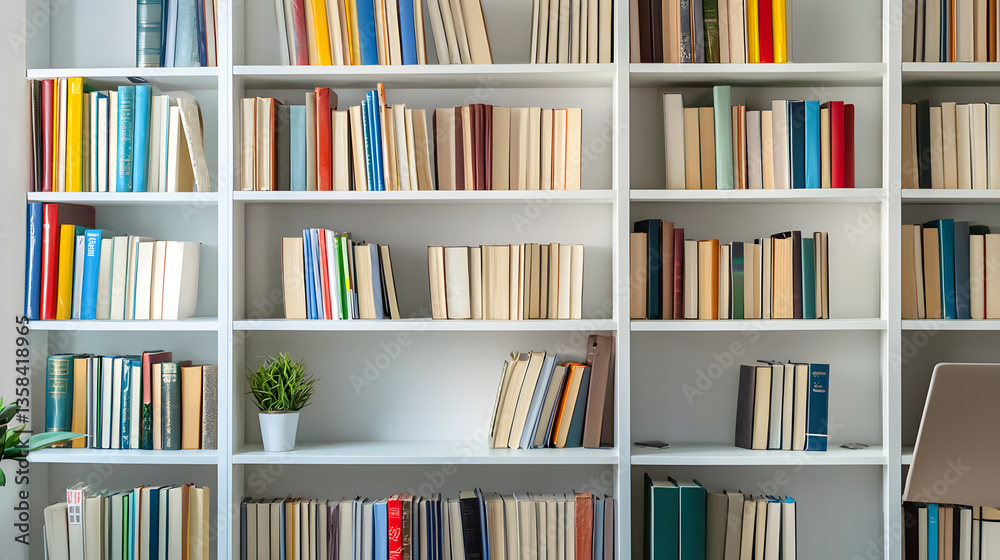 Cozy Home Office with Minimalist Bookcase and Zoom Background.
Cozy Home Office with Minimalist Bookcase and Zoom Background.
