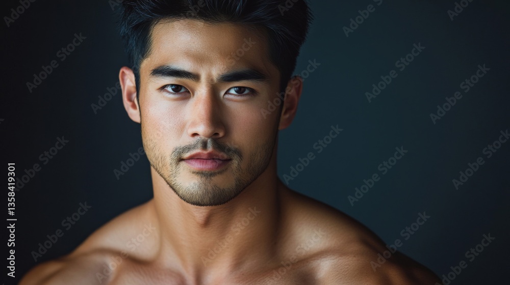 Fototapeta premium Portrait of a Young Asian Man with Intense Gaze