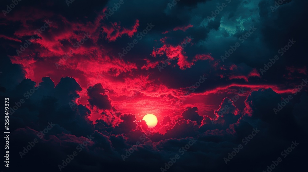 Naklejka premium Crimson sun setting behind dramatic, dark clouds