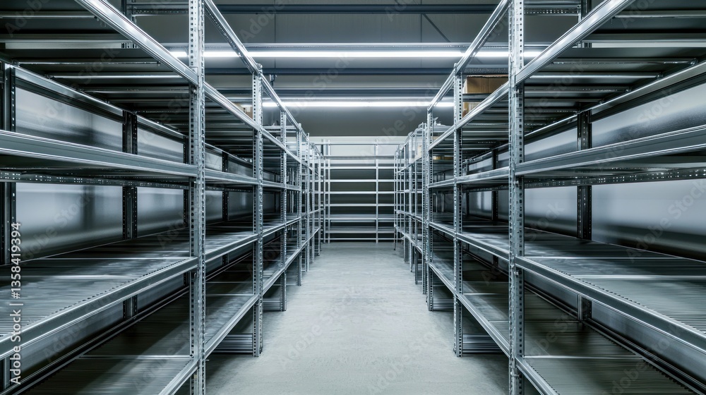 Fototapeta premium A clean, organized industrial warehouse with tall metal shelves.