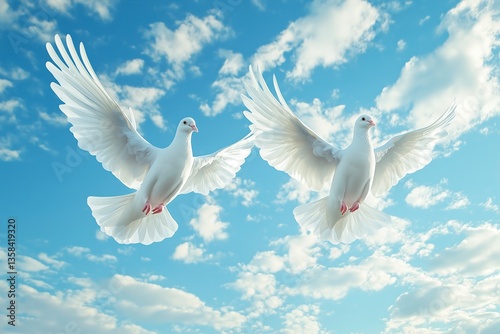 Two white doves flying against a blue sky with clouds
