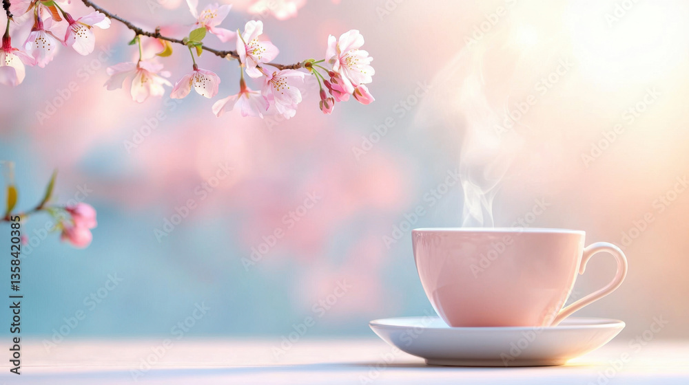 serene scene featuring steaming cup of herbal tea beside delicate cherry blossom flowers, evoking sense of tranquility and warmth serene scene featuring steaming cup of herbal tea beside delicate cherry blossom flowers, evoking sense of tranquility and warmth