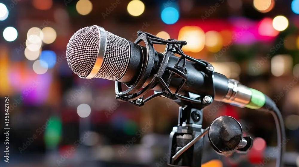 Close-up of a microphone on a stand in a blurred colorful background. Close-up of a microphone on a stand in a blurred colorful background.