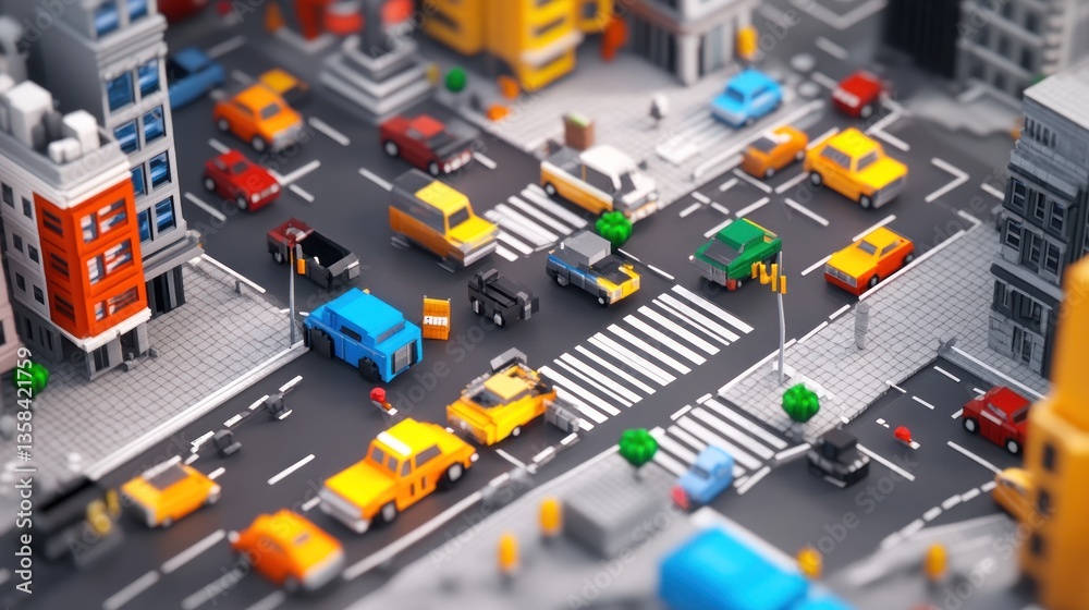 Obraz premium Pixelated Cityscape: A 3D Low-Poly Urban Intersection