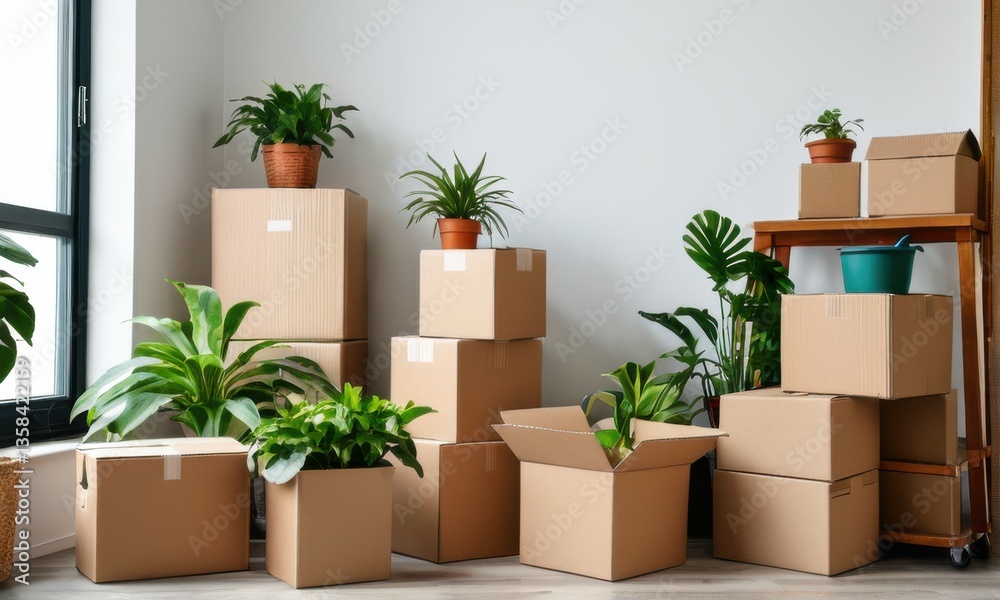 Potted Plants and Cardboard Boxes in Bright Interior Room Potted Plants and Cardboard Boxes in Bright Interior Room