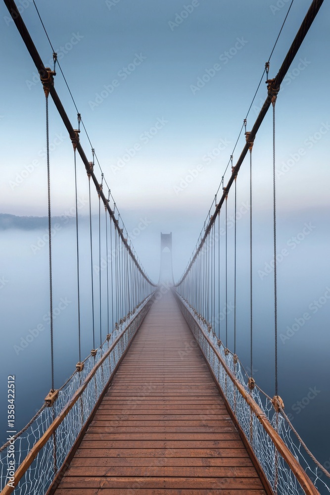 Obraz premium Foggy Bridge Scene with Soft Muted Blue and Gray Tones in Serene Atmosphere