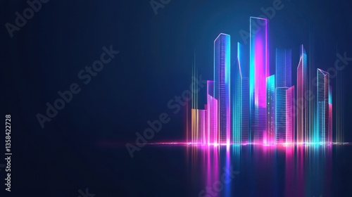 Futuristic Abstract Cityscape at Night with Neon Lights and Skyscrapers Reflection