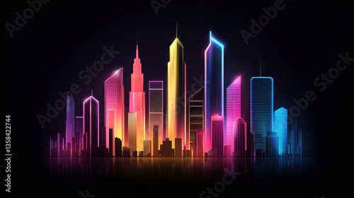 Futuristic Abstract Cityscape at Night with Neon Skyscrapers and Vibrant Lights