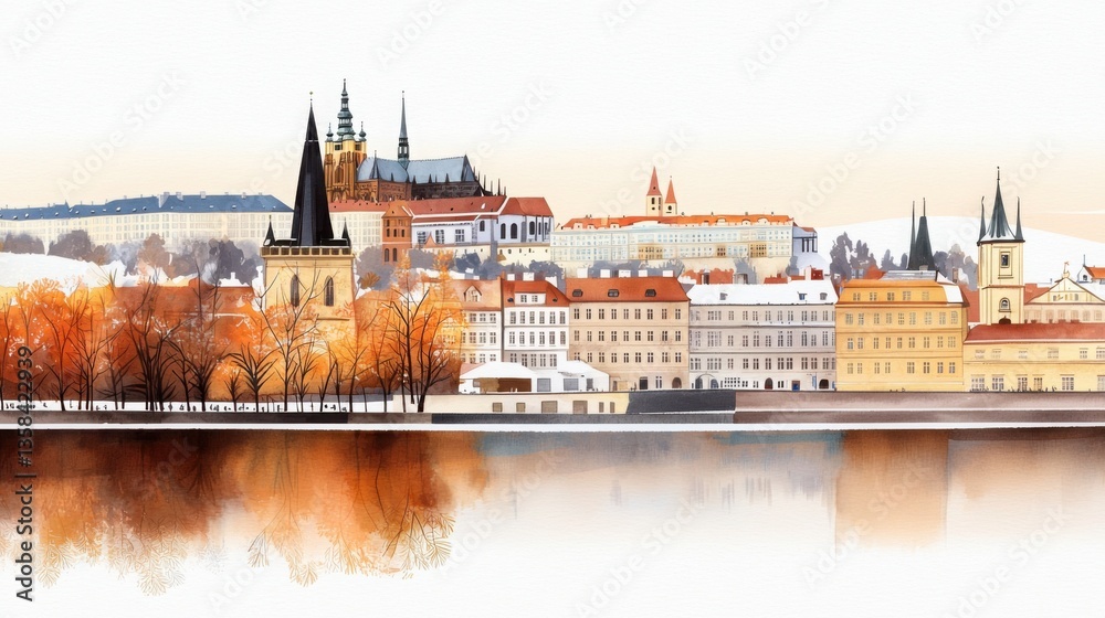 Obraz premium Gentle Watercolor Scene of Prague Castle with Reflection and Autumn Colors