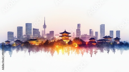 Harmonious Scene of Seoul's Modern Skyline Mixed with Traditional Architecture