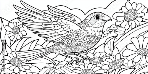 Wallpaper Mural Boho-style colo page featu a detailed bird majestically in flight surrounded by intricate flowers and lush foliage Torontodigital.ca