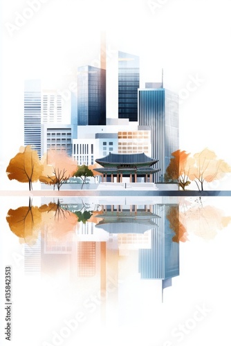Modern Abstract City Scene of Seoul Blending Nature and Urban Architecture