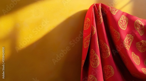 Sunlight Illuminates Vibrant Red Fabric with Golden Designs Draped Against Warm Yellow Wall in Cozy Indoor Space
