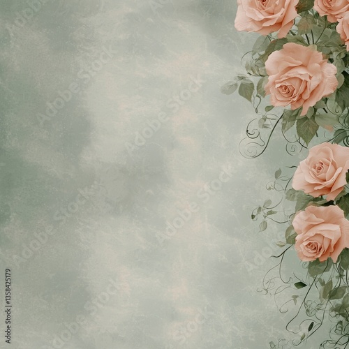 Vibrant peach roses and delicate vines entwined in a sun-drenched glade against a soft textured sage-green backdrop