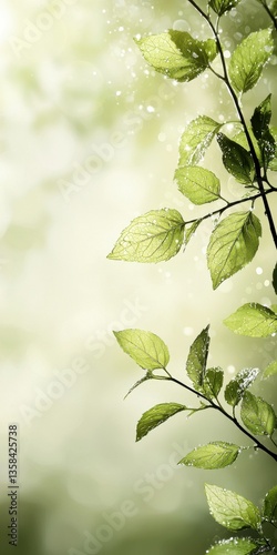 Light-Dd Dew-Kissed Leaves on Slender Branch Evoke Fresh Airy Feeling of Mint Leaves Dancing Through the Air