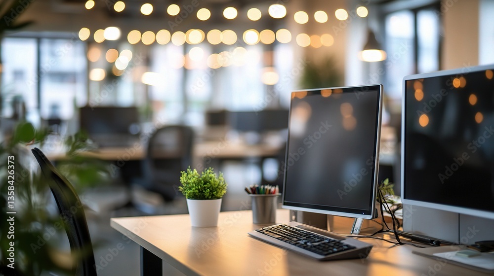 Modern Business Office Interior with Blurred Background and Lights Modern Business Office Interior with Blurred Background and Lights