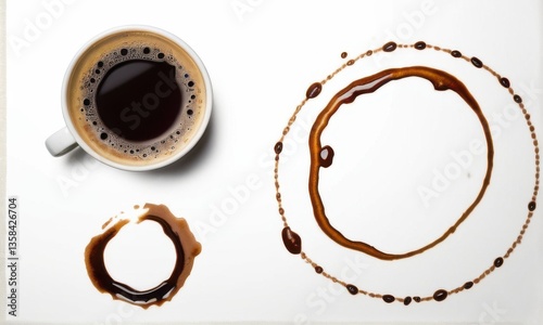 Dark Brown Coffee in White Cup with Coffee Rings on White Surface