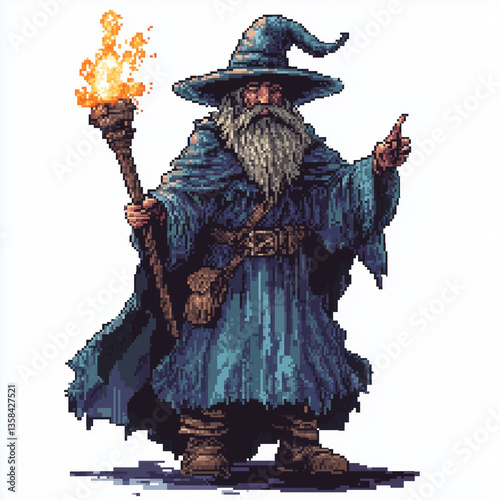 Retro video game pixel-style sprite casting spells