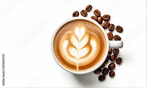Overhead Close Up of Latte Art Coffee with Coffee Beans on White Background