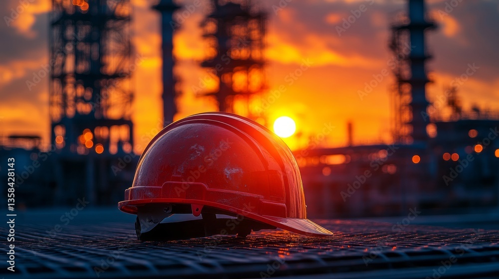 Red hardhat sits at an industrial site during sunset