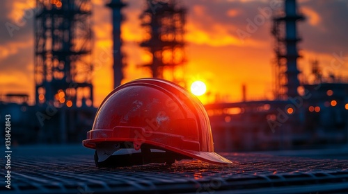 Obraz na płótnie Red hardhat sits at an industrial site during sunset w salonie