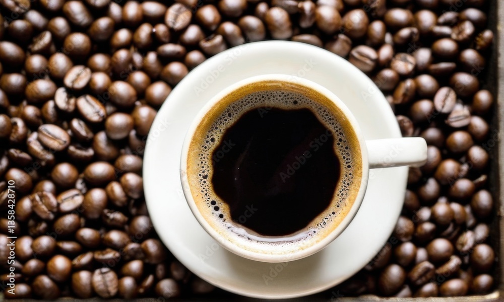 Fototapeta premium Overhead View of Coffee Cup on Coffee Beans