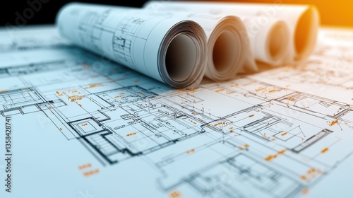 Architectural blueprint drawings construction plans and technical sketches laid out on a blueprinted textured paper background  Concept of design engineering development and project planning for home