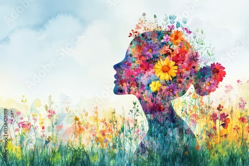 Vibrant Silhouette of Woman Surrounded by Colorful Floral Landscape