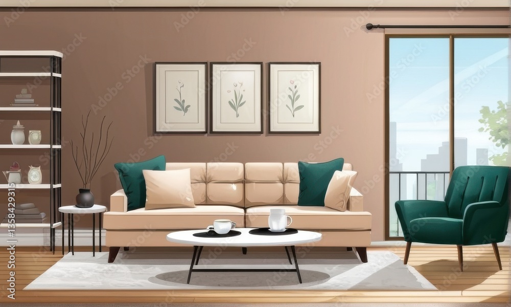 Fototapeta premium Bright Modern Living Room with Beige Sofa and Teal Armchair