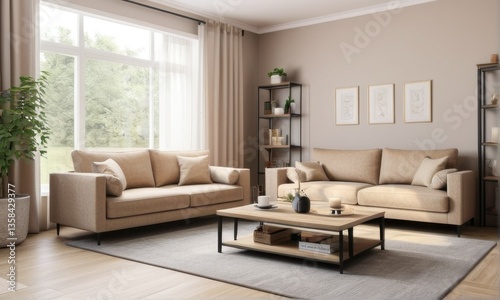 Wallpaper Mural Beige Sofa Set in a Modern Living Room with Natural Light Torontodigital.ca