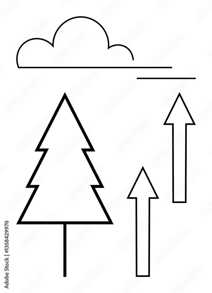 Evergreen tree alongside cloud and upward arrows symbolizes sustainability, nature, and progress. Ideal for growth, environment, ecology, success, upward trends ambition and simplicity. Flat simple Evergreen tree alongside cloud and upward arrows symbolizes sustainability, nature, and progress. Ideal for growth, environment, ecology, success, upward trends ambition and simplicity. Flat simple