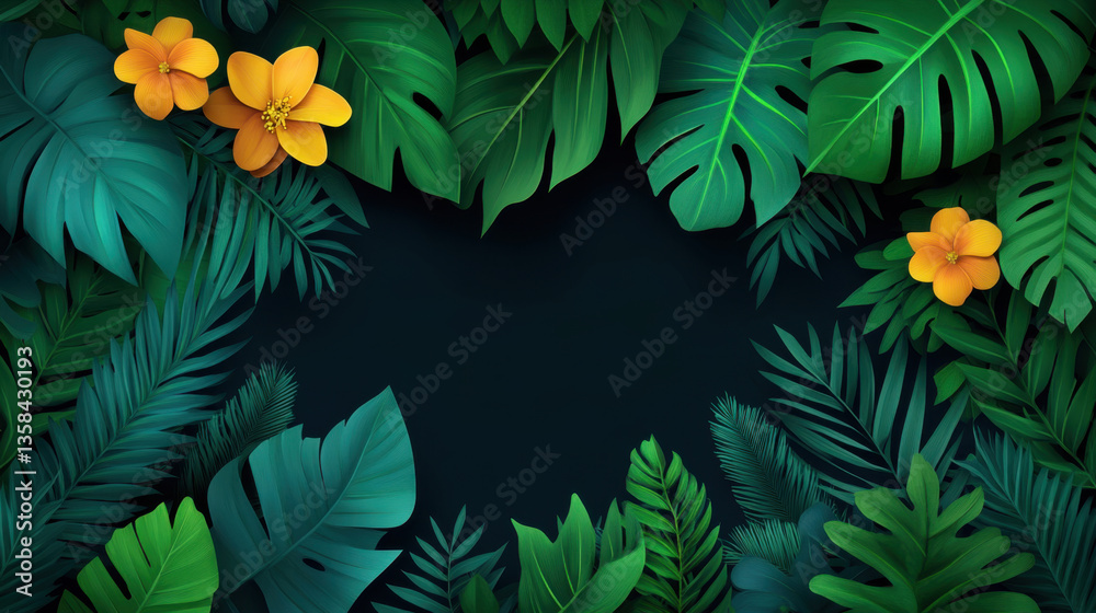 Fototapeta premium Lush green leaves frame dark background, creating vibrant and tropical atmosphere. Bright yellow flowers add pop of color, enhancing natural beauty and inviting sense of tranquility