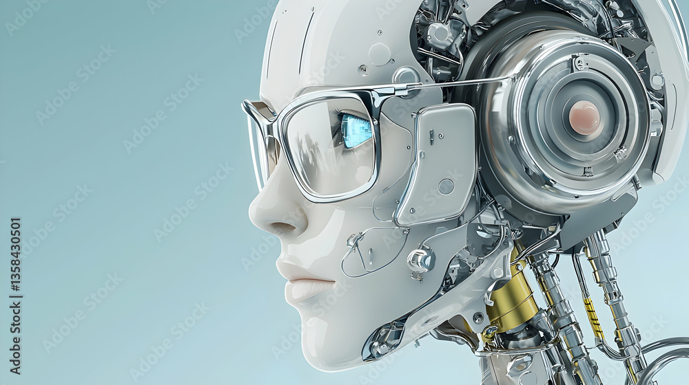 Fototapeta premium A sleek cyborg head with detailed mechanical components and stylish glasses. Ideal for futuristic tech concepts or sci-fi visuals promoting innovation and artificial intelligence.
