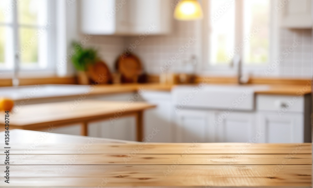Light Wood Tabletop in a Bright White Kitchen Interior Light Wood Tabletop in a Bright White Kitchen Interior