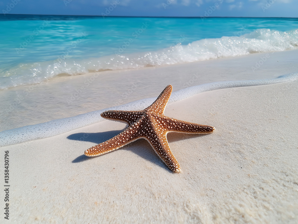 Starfish resting on sandy beach with clear blue waters on a sunny day Starfish resting on sandy beach with clear blue waters on a sunny day