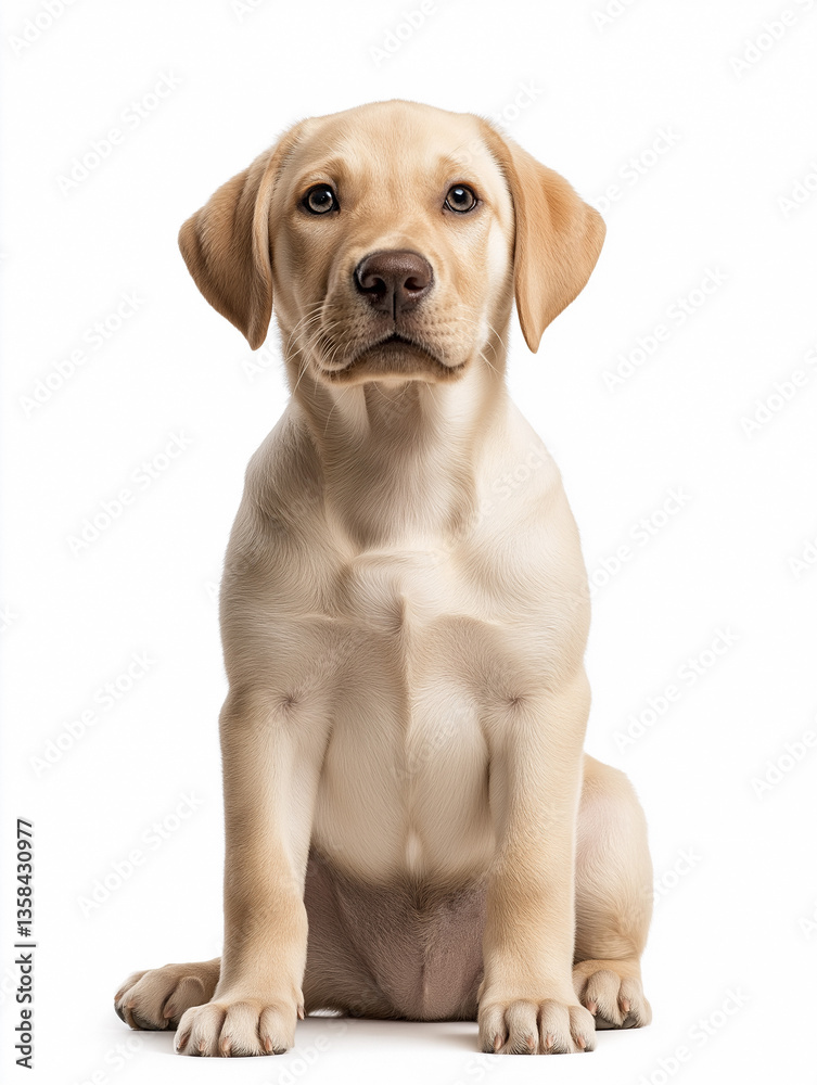 Friendly Labrador puppy sitting upright with curious expression indoors under bright lighting Friendly Labrador puppy sitting upright with curious expression indoors under bright lighting