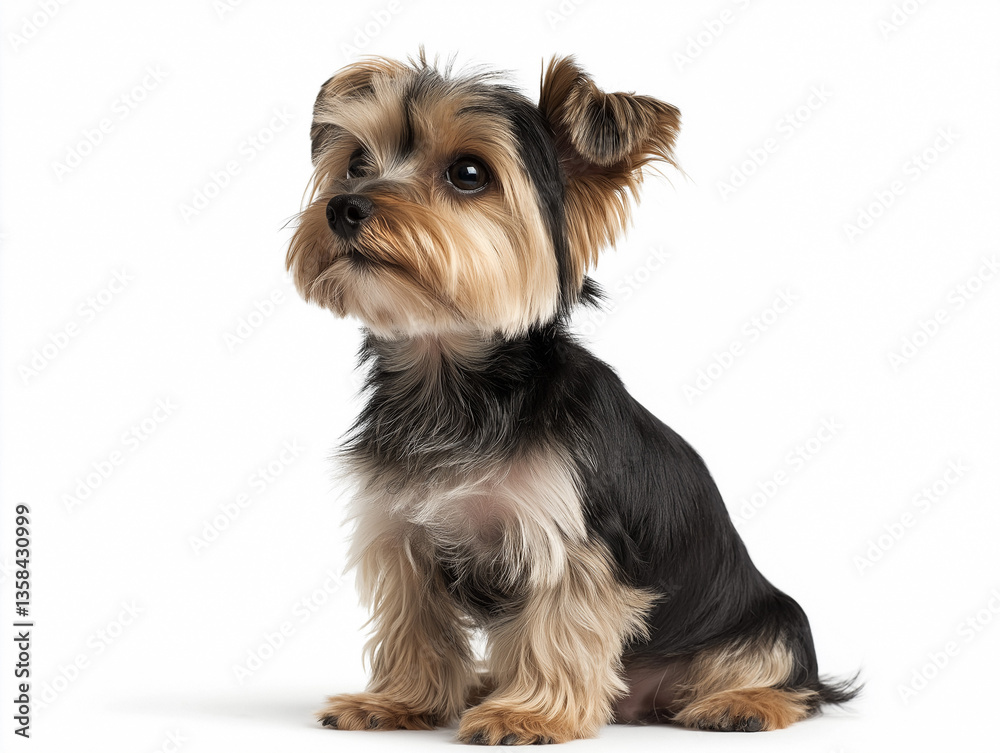 Yorkshire terrier sitting calmly on a white background, displaying its adorable features and playful personality Yorkshire terrier sitting calmly on a white background, displaying its adorable features and playful personality