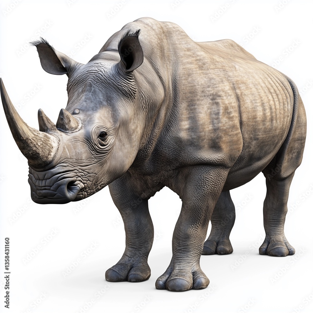 Fototapeta premium A full-body shot of a rhinoceros against a stark white background. The image showcases high detail and resolution, emphasizing the texture of the animal's thick, grey hide, and the prominent horn.
