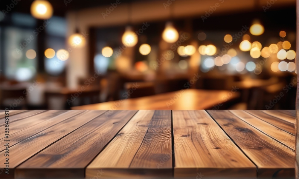 Empty Rustic Brown Wooden Table in Blurred Warmly Lit Restaurant Setting Empty Rustic Brown Wooden Table in Blurred Warmly Lit Restaurant Setting