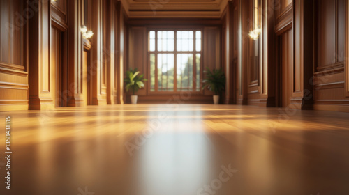 spacious indoor scene featuring polished wooden floors and elegant wooden paneling  illuminated by natural light streaming through large windows. atmosphere is serene and inviting  enhanced by