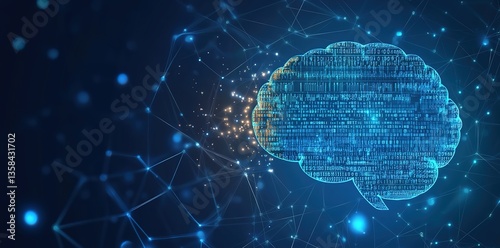 Futuristic AI Concept: A Digital Brain Amidst Flowing Binary Code on a Blue Background