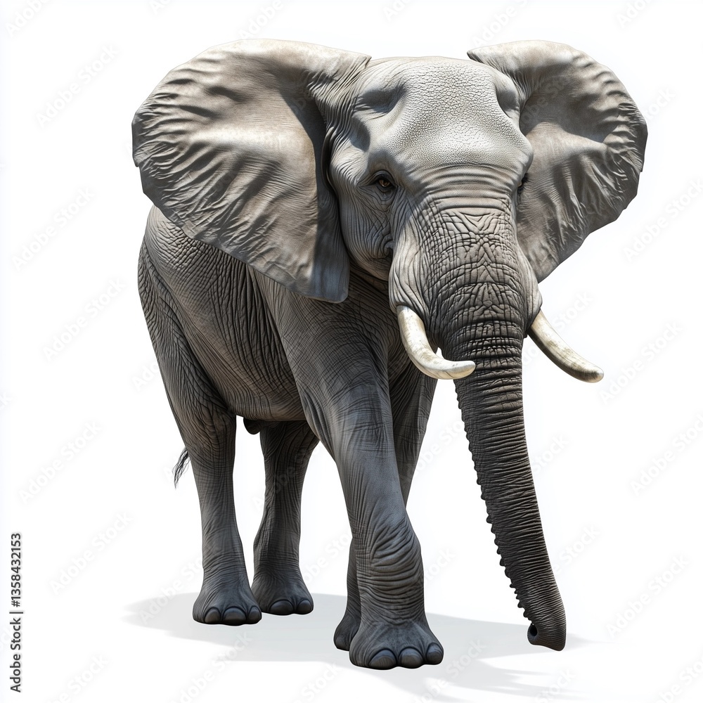 Obraz premium Full-body shot of an African elephant against a pure white background. The image exhibits high detail, showcasing the elephant's wrinkled gray skin, prominent tusks, large ears, and expressive eyes.