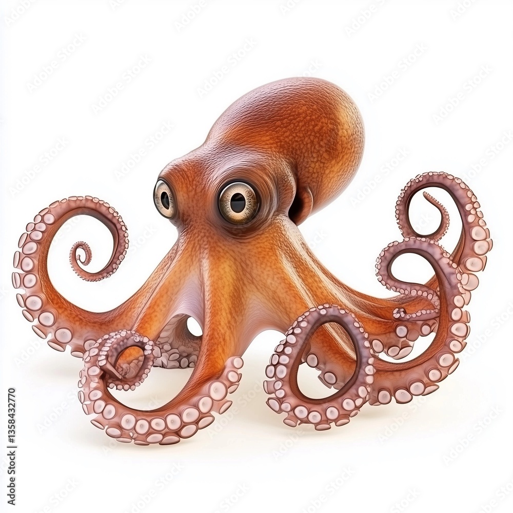 Obraz premium A detailed digital rendering of an octopus against a stark white background. The octopus is presented in a three-quarter view, showcasing its eight arms intricately curled. Its large, expressive