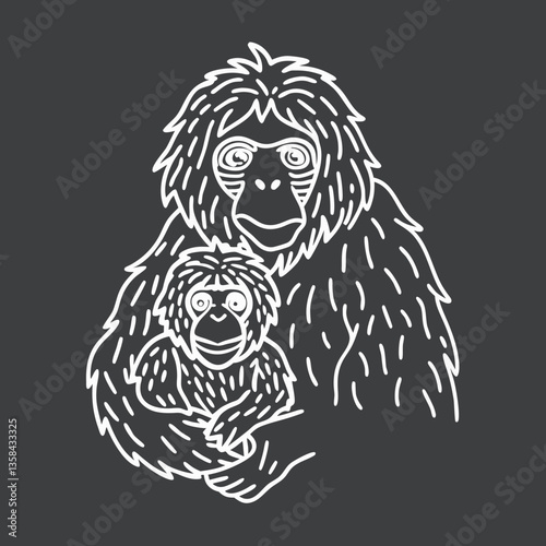 Orangutan Mother and Baby Line Art Illustration	