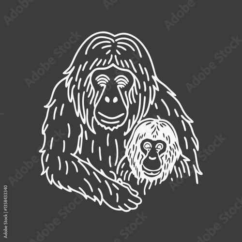 Affectionate Orangutan Mother and Baby Line Art	