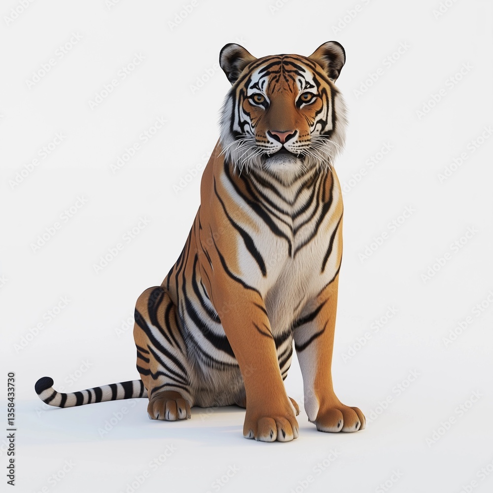 Obraz premium A detailed close-up studio shot of a Bengal tiger sitting against a stark white background. The image showcases the animal's rich orange and black striped fur with exceptional texture detail